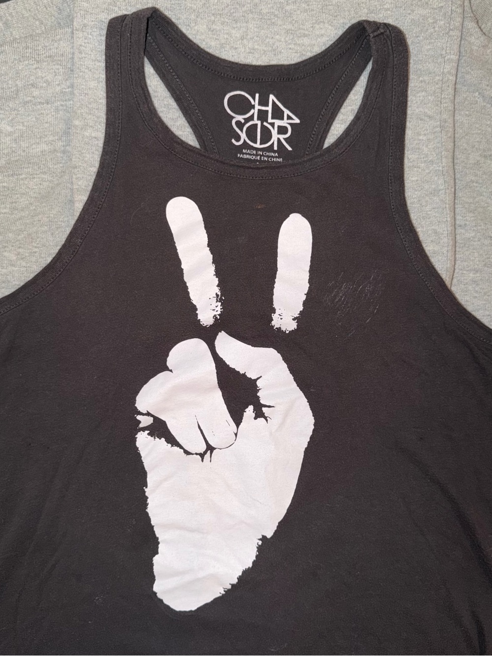CHASER Black Racerback Tank with White Peace Hand Graphic